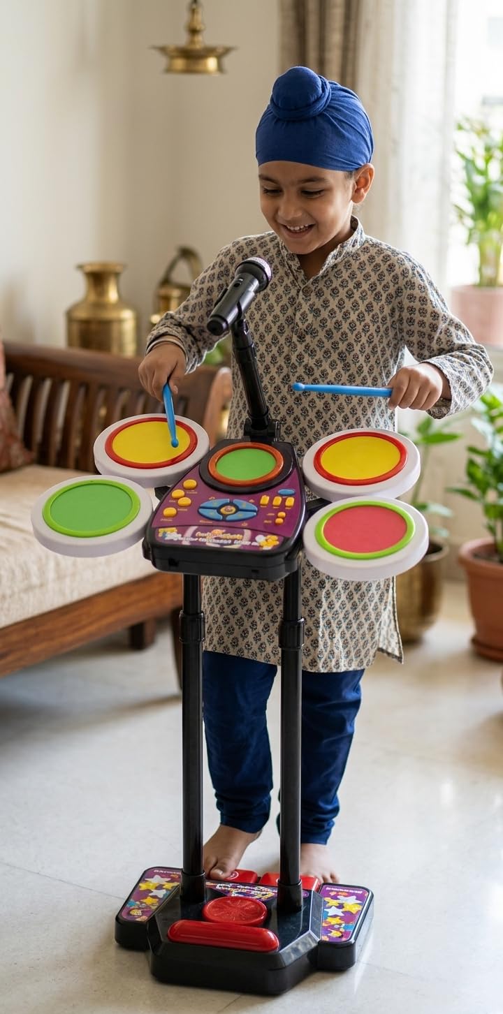 PamPam Kids Musical Electronic Drum Beat Toys Set, MP3 Plug-in, Microphone, Pedal, Colourful Lights-image-46