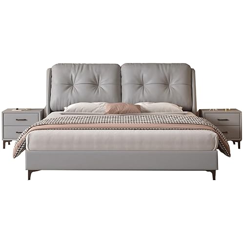 Gray Genuine Leather Bed Set Upholstered Platform Bed Frame with