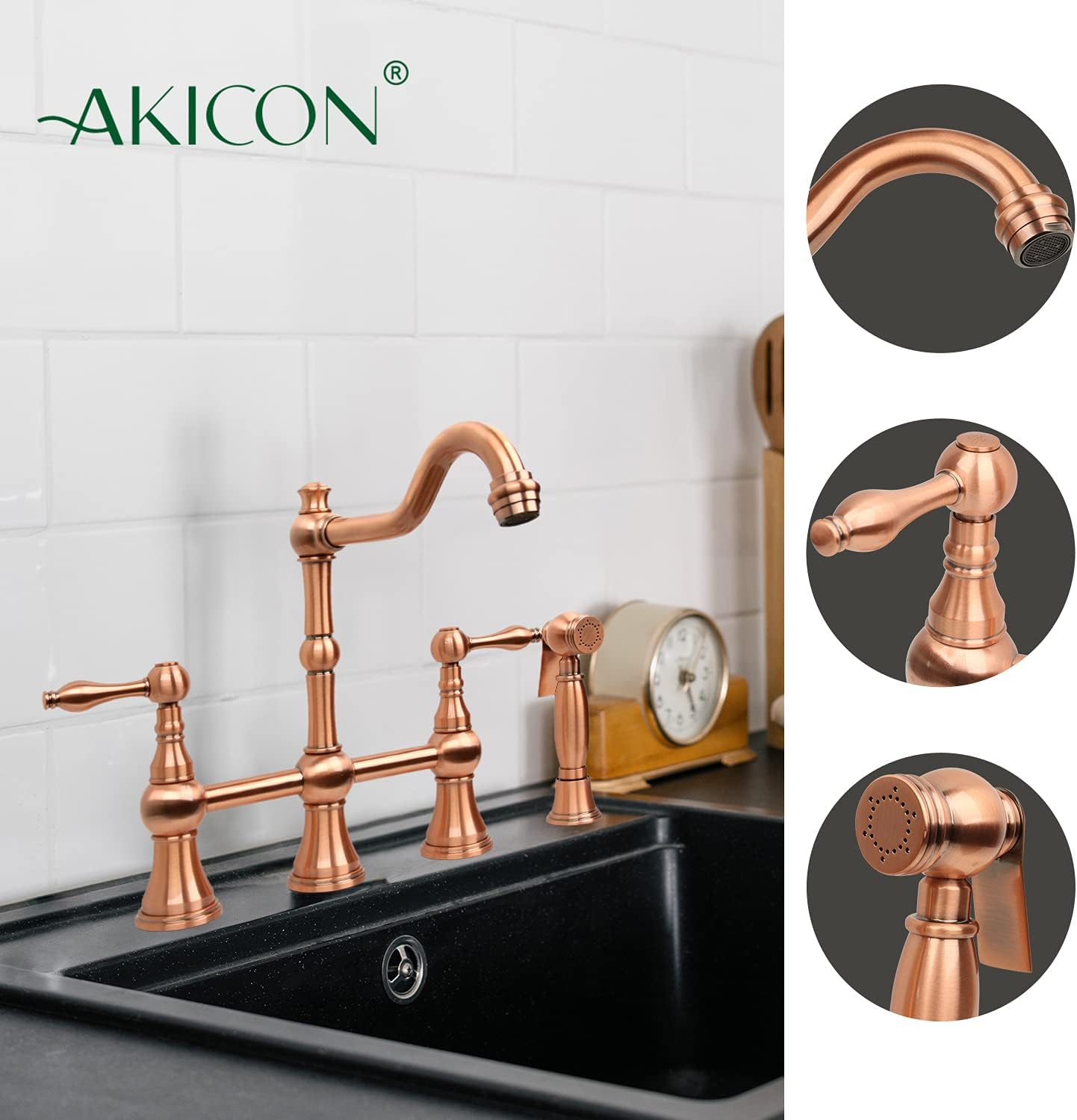 Two-Handles Copper Bridge Kitchen Faucet with Side Sprayer - Five Years Warranty-Akicon