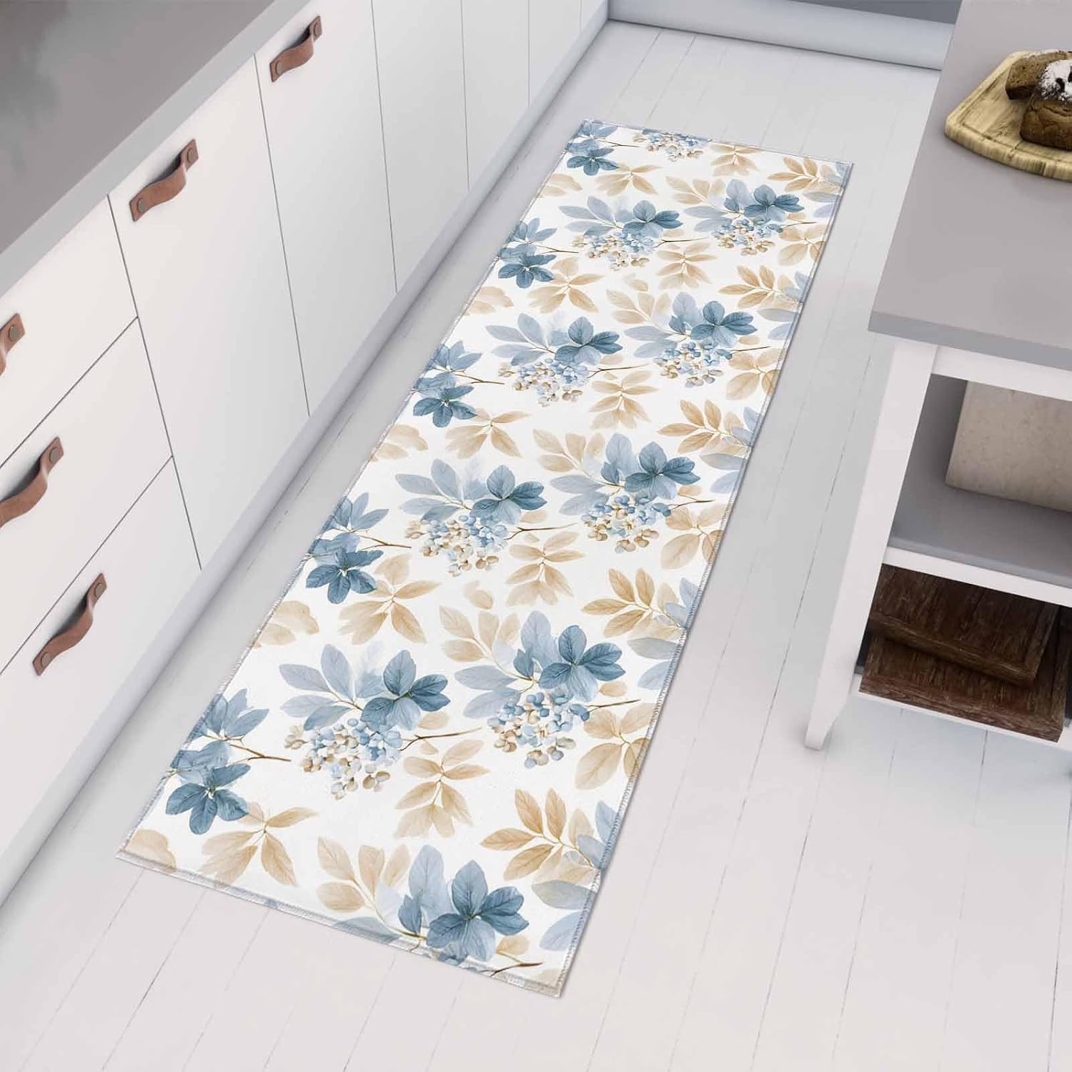 Teamery Kitchen Mats for Floor Farm Leaves Ombre Blue Yellow Washable Non Slip Kitchen Rugs 1PCS, Boho Watercolor Botanical Absorbent Standing Mats for Sink Bathroom Office Living Room 23.6x70.9in