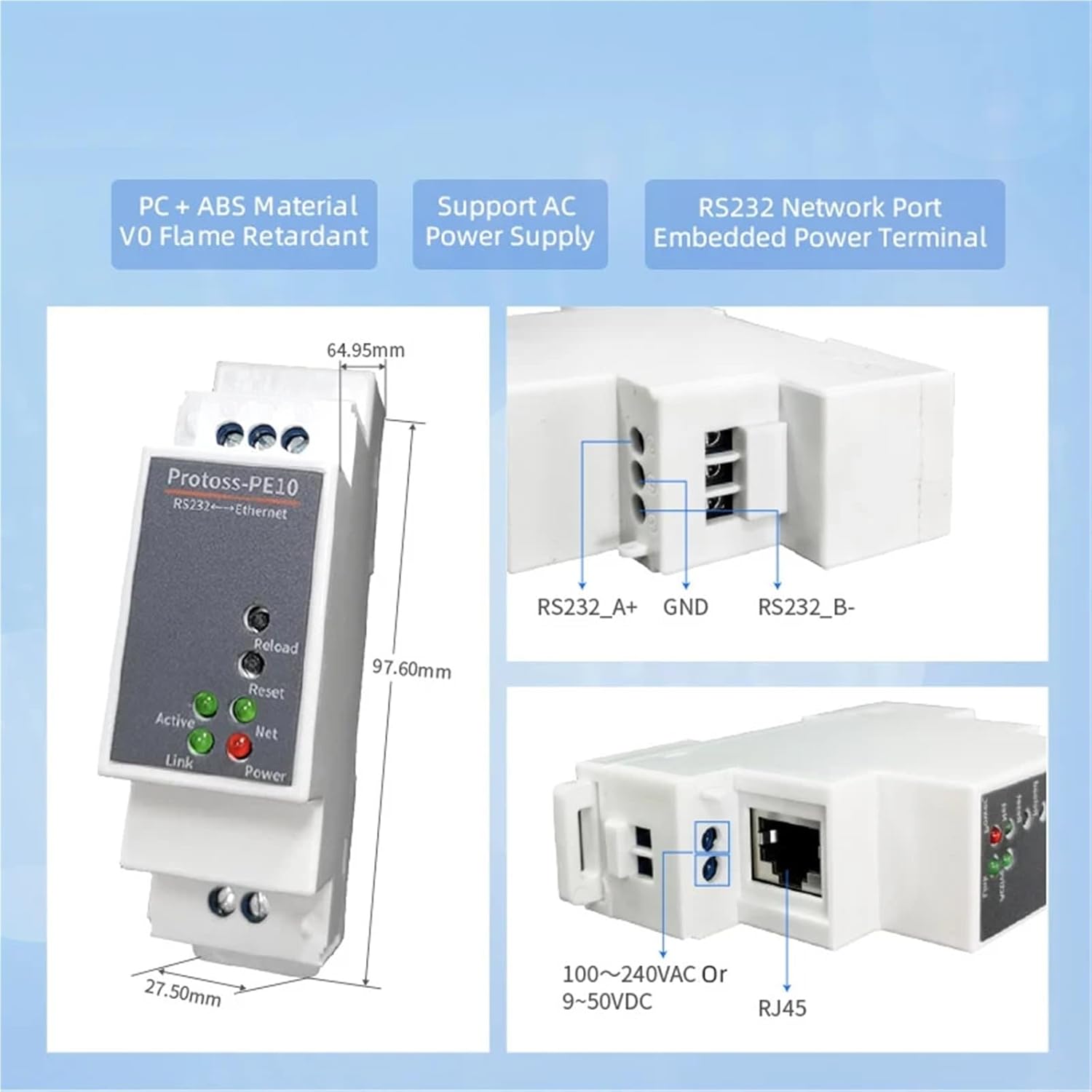 DIN-Rail Serial Port RS232 to Ethernet Converter Device Server Protoss-PE10 Support Modbus MQTT(PE10-M AU Adapter)