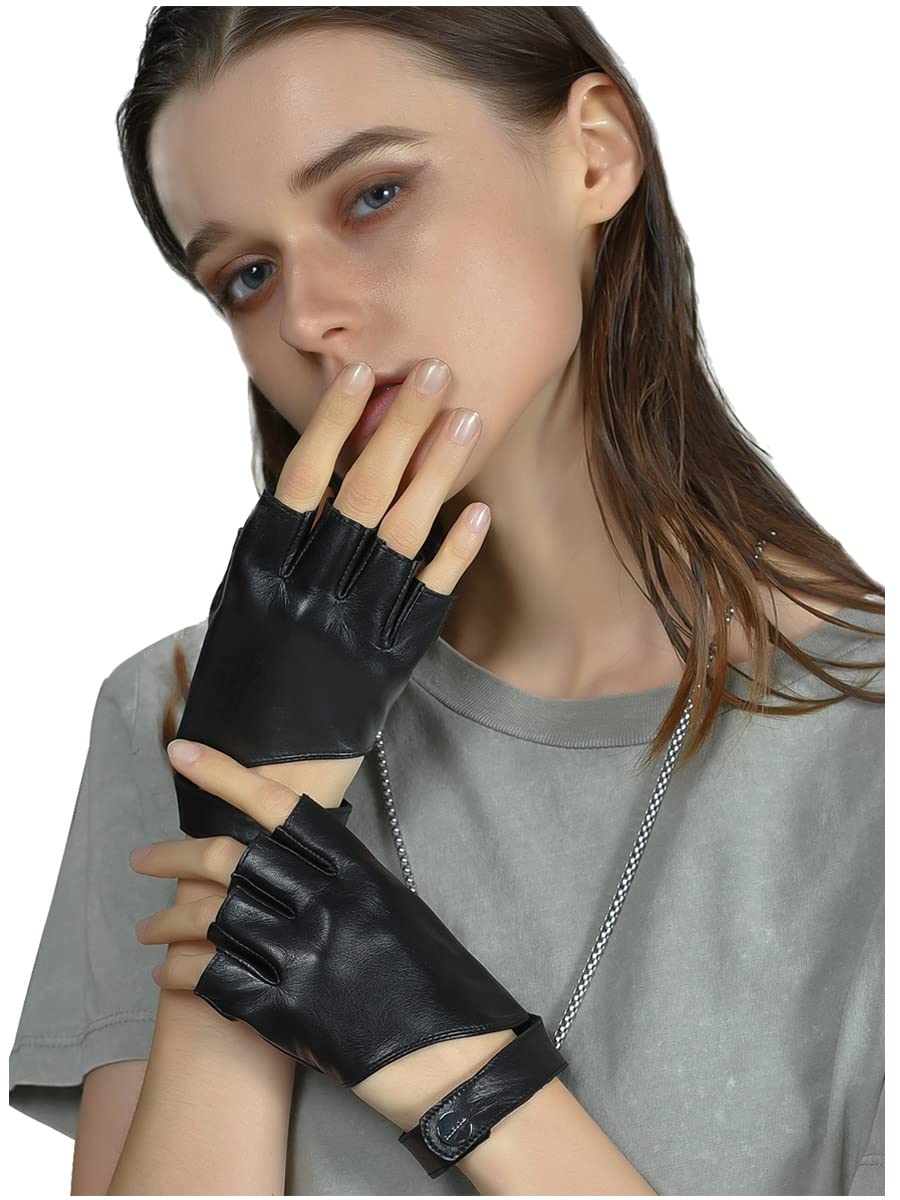 Womens Fingerless Leather Gloves for Driving Motorcycle Unlined Half Finger Gloves 200420