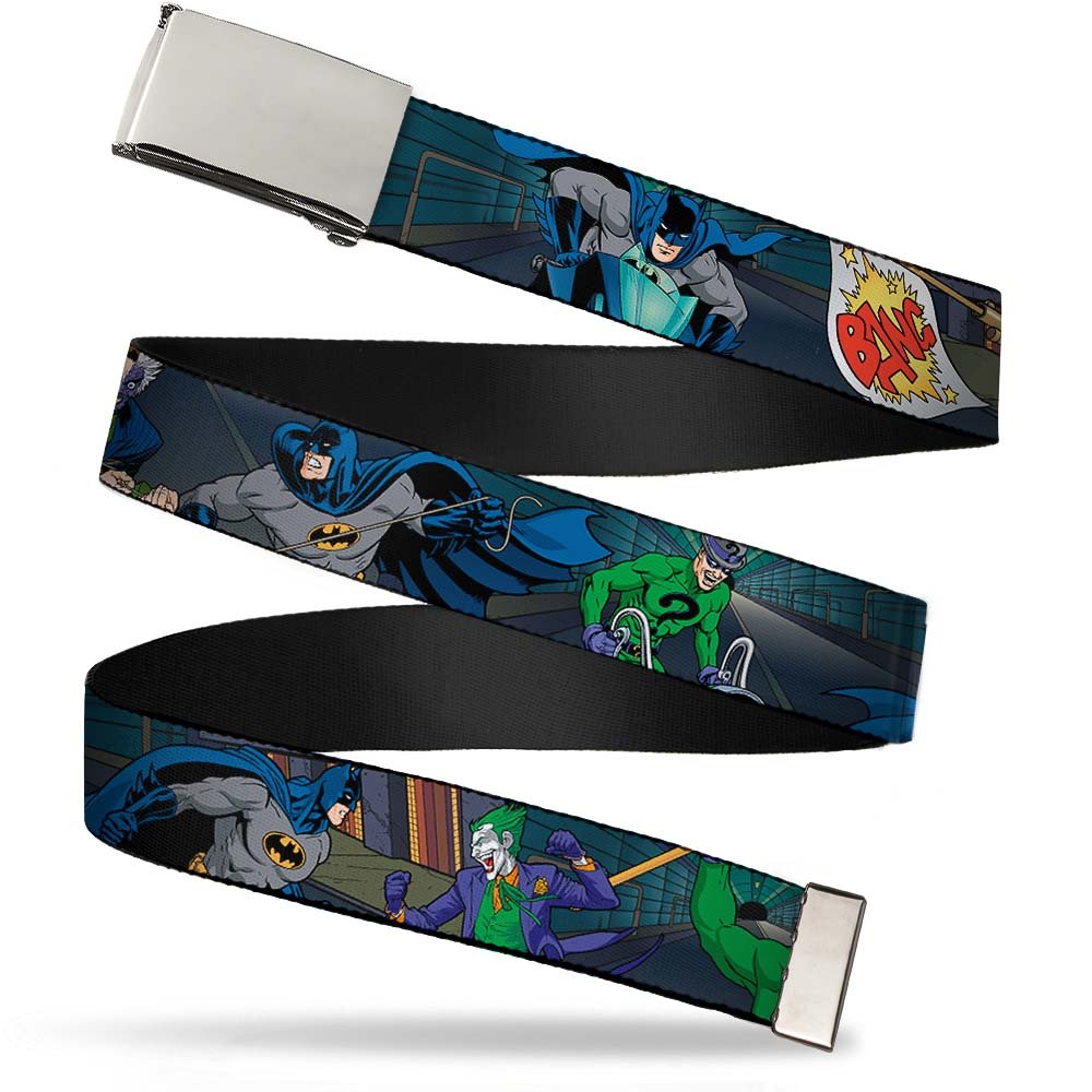 Buckle-Down Unisex Multicolor 'S Web Belt-Batman Battling Villains In Tunnel, 1.25" Wide-Fits Up To 42" Pant Size