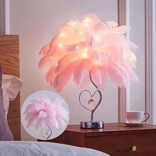 Meefad Lámpara de noche de plumas, moderna luz nocturna LED con control remoto, decoración de cristal, lámpara de mesa regulable para dormitorio
