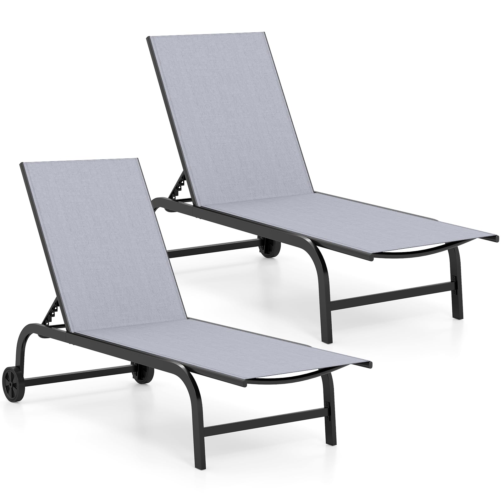 COSTWAY 2 Tumbonas Jardín Exterior con Ruedas, Textilene (Gris,2) | Tumbona Reclinable con Respaldo Ajustable en 6 Posiciones, Espreguiçadeira Jardim Terraza Picina Playa, Carga 150 kg