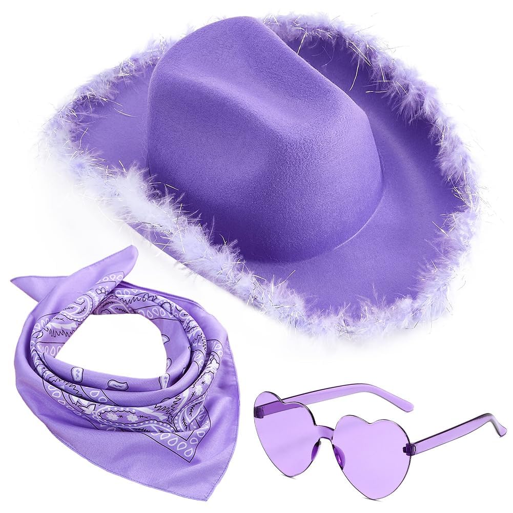 FCXVXCL Cowgirl Hat Cowboy Hats for Women Fluffy Feather Brim Cowboy Hat Heart-Shaped Sunglasses, Bandana Purple for Holiday,Costume Party,Play Dress Up,Halloween Cosplay 3Pcs