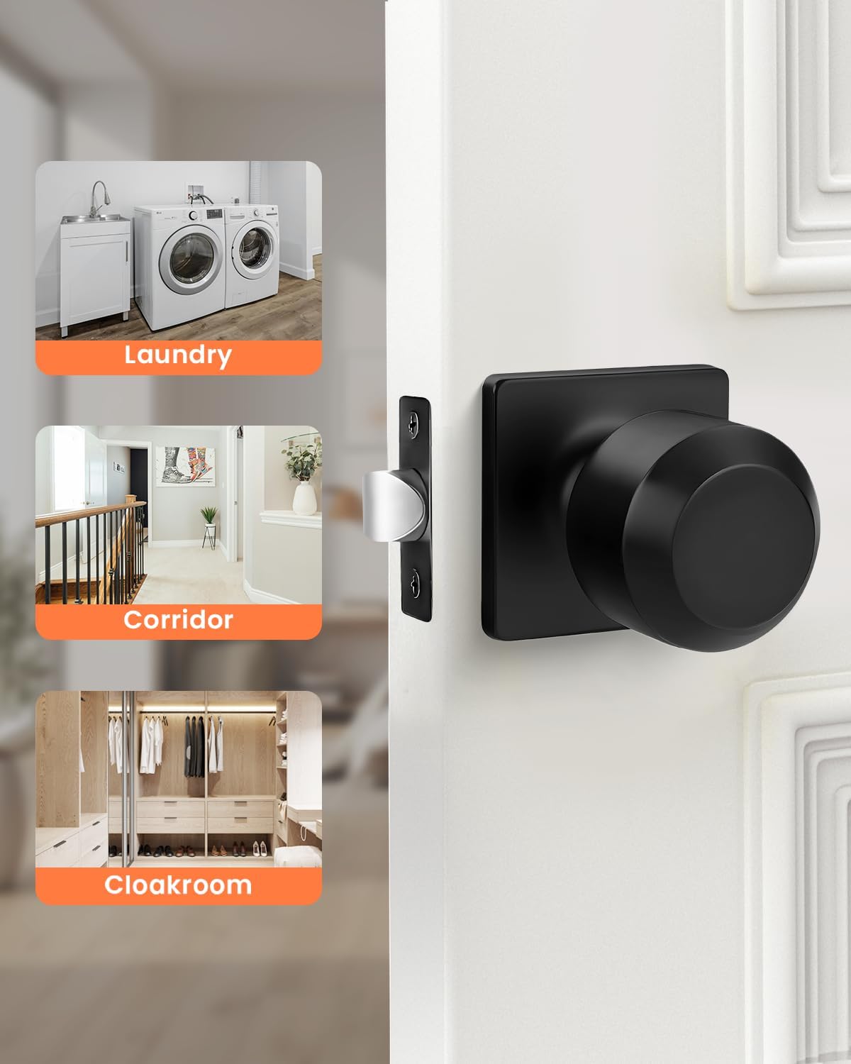 3 Packs Black Interior Door Knobs, Passage Door Knobs for Closet and Hallways Keyless Non-Locking Doorknob Square Panel