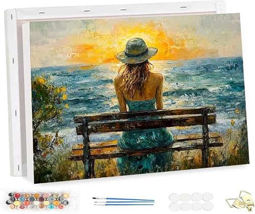Holxsw Paint By Numbers For Adults16x20paints By Numbers For Adults Beginner Diy Number Painting Kit Woman On The Beach Sunset 049 With 3 Brushes Easy Painting By Numbers