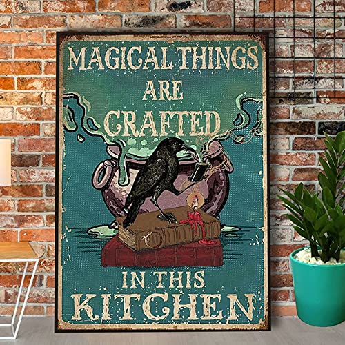 HOUVSSEN Magical Things and Crafted in This Kitchen Black Raven Reading Book Paper Metal Tin Signs 8x12 Inch Tin Sign/Poster Metal