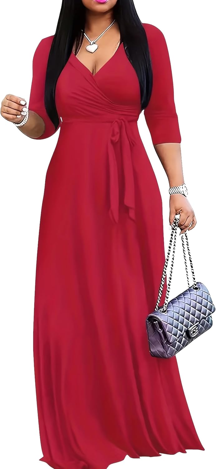 BDAILKA Maxi Dresses for Women Long Dress Casual V-Neck Bohemia Dresses 3/4 Sleeves Women's Elegant Dresses