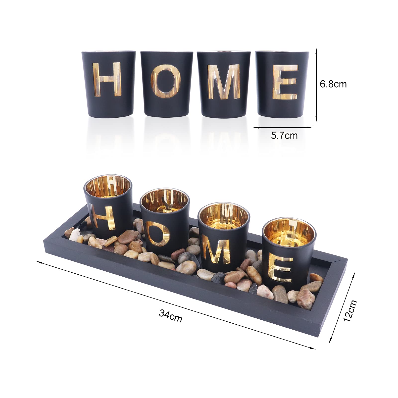 Set portacandele, include 4 bicchieri in vetro, pietre naturali e vassoio in legno per decorazioni da tavola per la casa (Home)