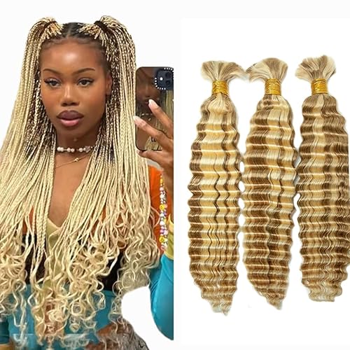 P27/613 Blonde Human Braiding Hair Deep Wave Bulk 28 28