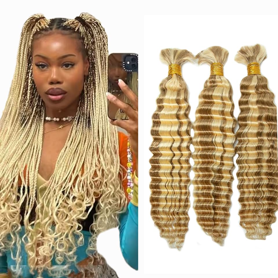 P27/613 Highlight Blonde Boho Hair for Braiding 28 28 28 Inch 150g 3 Bundles Honey Blonde Deep Wave Human Braiding Hair P27/613 Blonde Deep Curly Bulk Hair for Knotless Braids