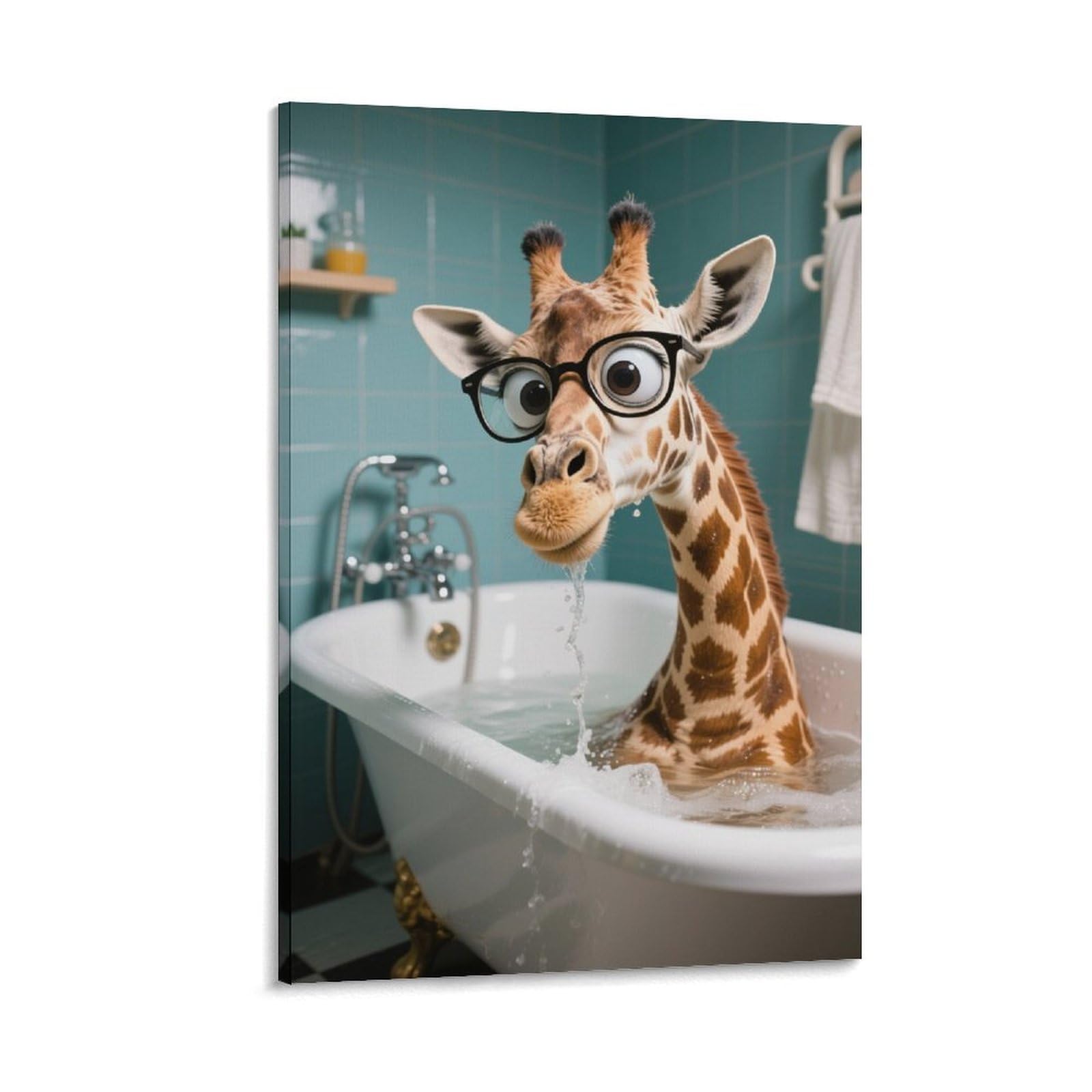 Impression 3D Girafes Prenant un Bain Art Mural Drôle dans les Toilettes Affiches Animal Abstrait Peinture sur Toile Moderne Intéressante Œuvre d'Art de Salle de Bain Humour 40x60cm (16x24pouces)
