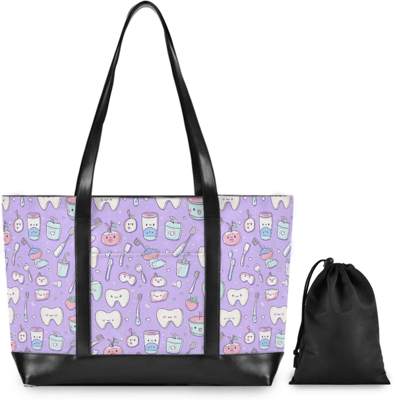 Cute Teeth and Objects Dental Care on Purple Large Capacity Tote Bag With Laptop Compartment with Zipper Work Handbags for Flight with Tablet maletín para laptop mujer
