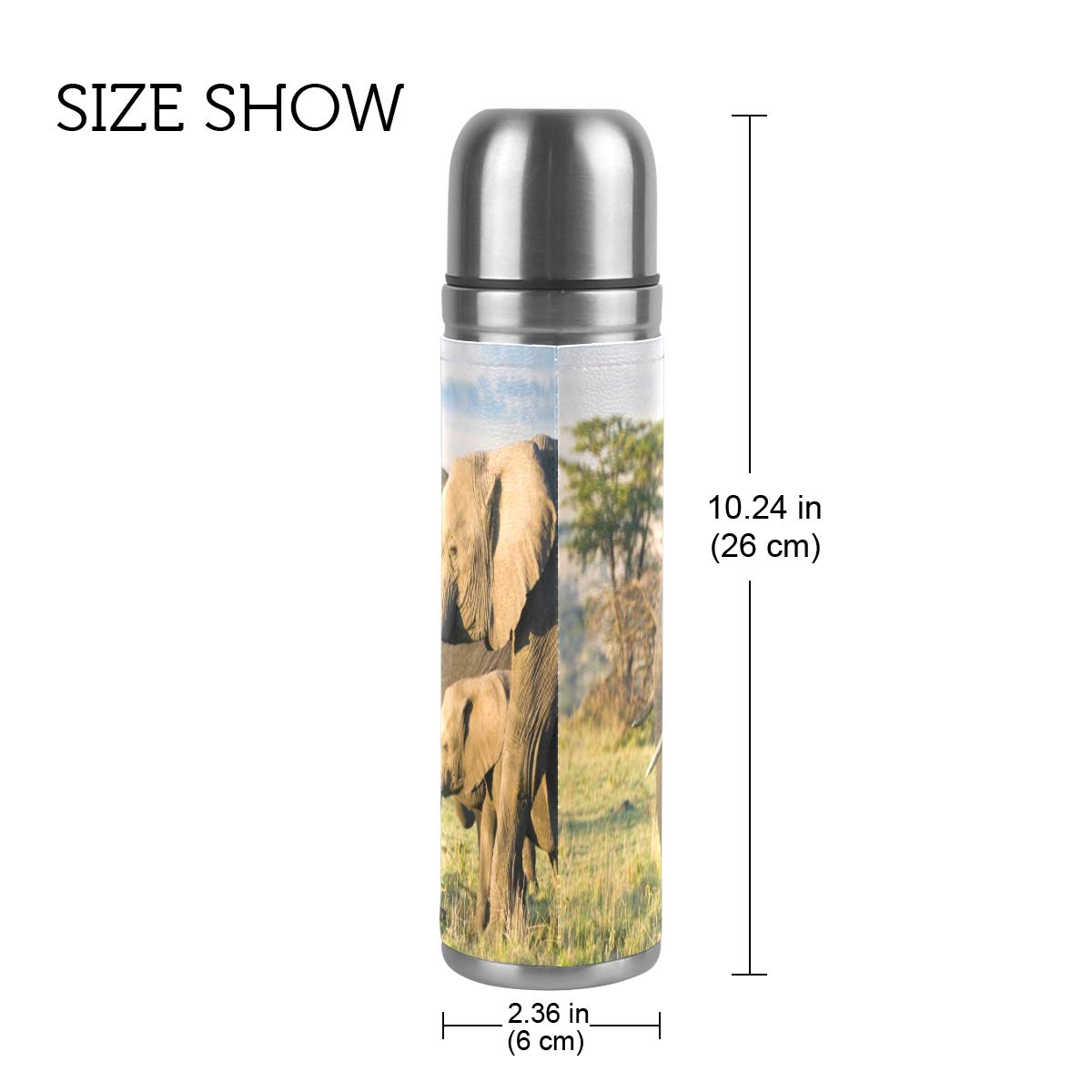 Taza de viaje de acero inoxidable con aislamiento al vacío, doble pared, a prueba de fugas, botella de agua africana, diseño de elefante personalizado impreso en piel auténtica, 500 ml