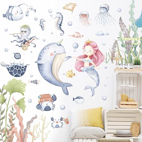 fanquare Calcomanías de pared del mundo oceánico, diseño de sirena y ballena marina, dibujos animados, medusas, decoración de pared para niños y