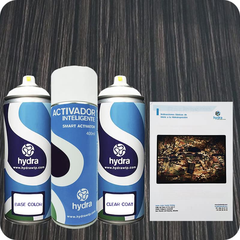 STARTER Kit Hidroimpresion: 1 Activador 400 ml + 1 barniz y color de fondo adecuados de 400 ml + 1 Manual + 1 Lámina hidroimpresión madera negra. Ancho: 100cm. Largo: 800cm (HMA-320)