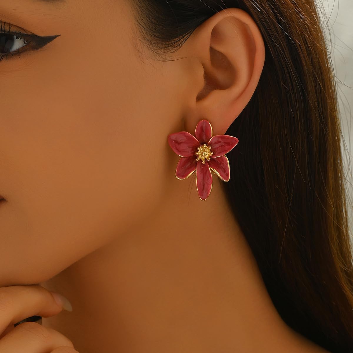 Burgundy Enamel Flower Stud Earrings for Women, Elegant Vintage Floral Earrings with Gold Details, Statement Jewelry for Daily Wear and Gift - Image 3