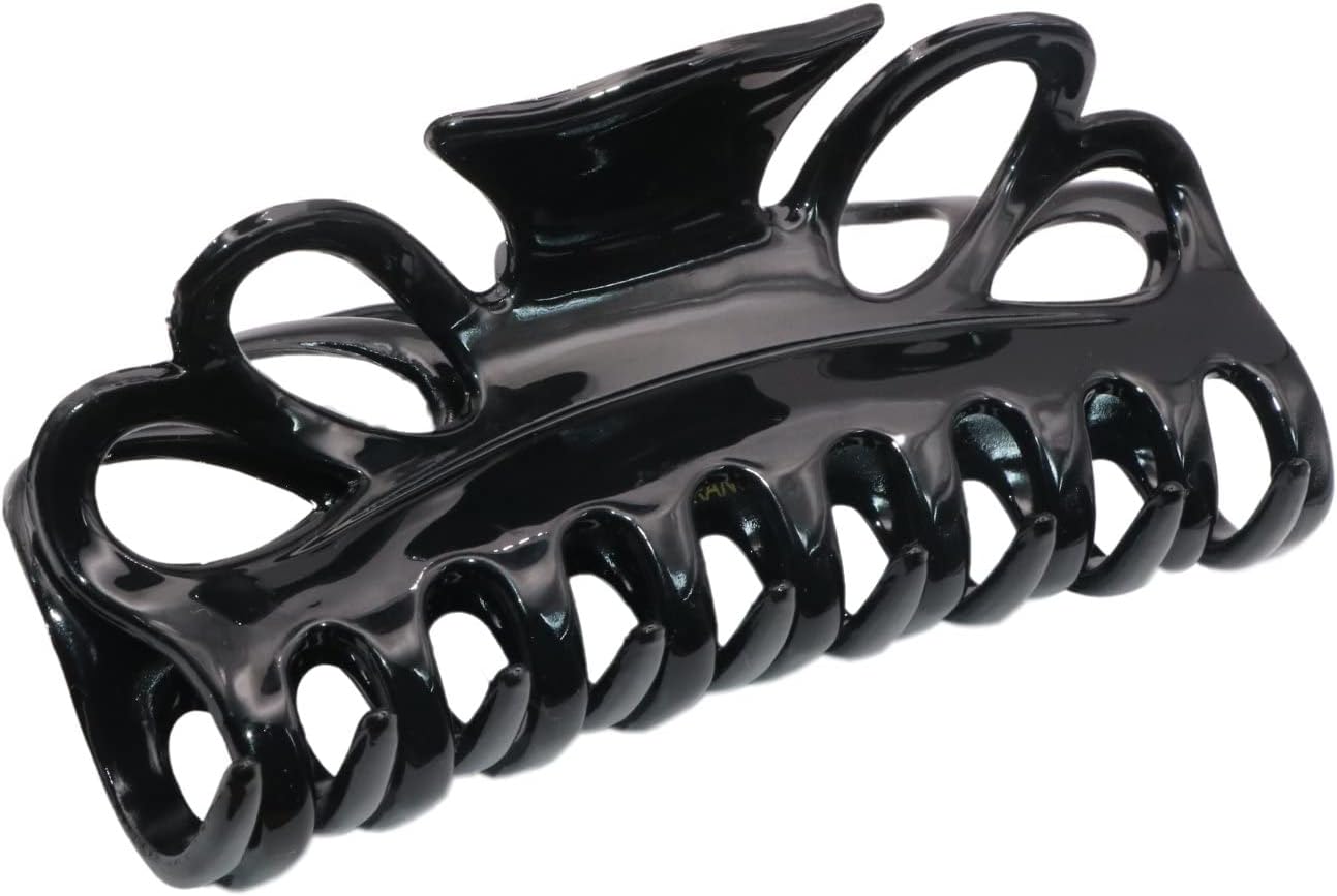 Parcelona French Double Loop Black Large 4.25 inch Celluloid Acetate Jaw Hair Claw Clip Clamp Clutcher Women Hair Accessories, Made in France