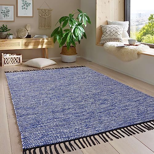 Taracarpet Handwebteppich Borkum Teppich fürs Wohnzimmer, Schlafzimmer und als Küchenteppich geeignet 100% Baumwolle blau 080x150 cm