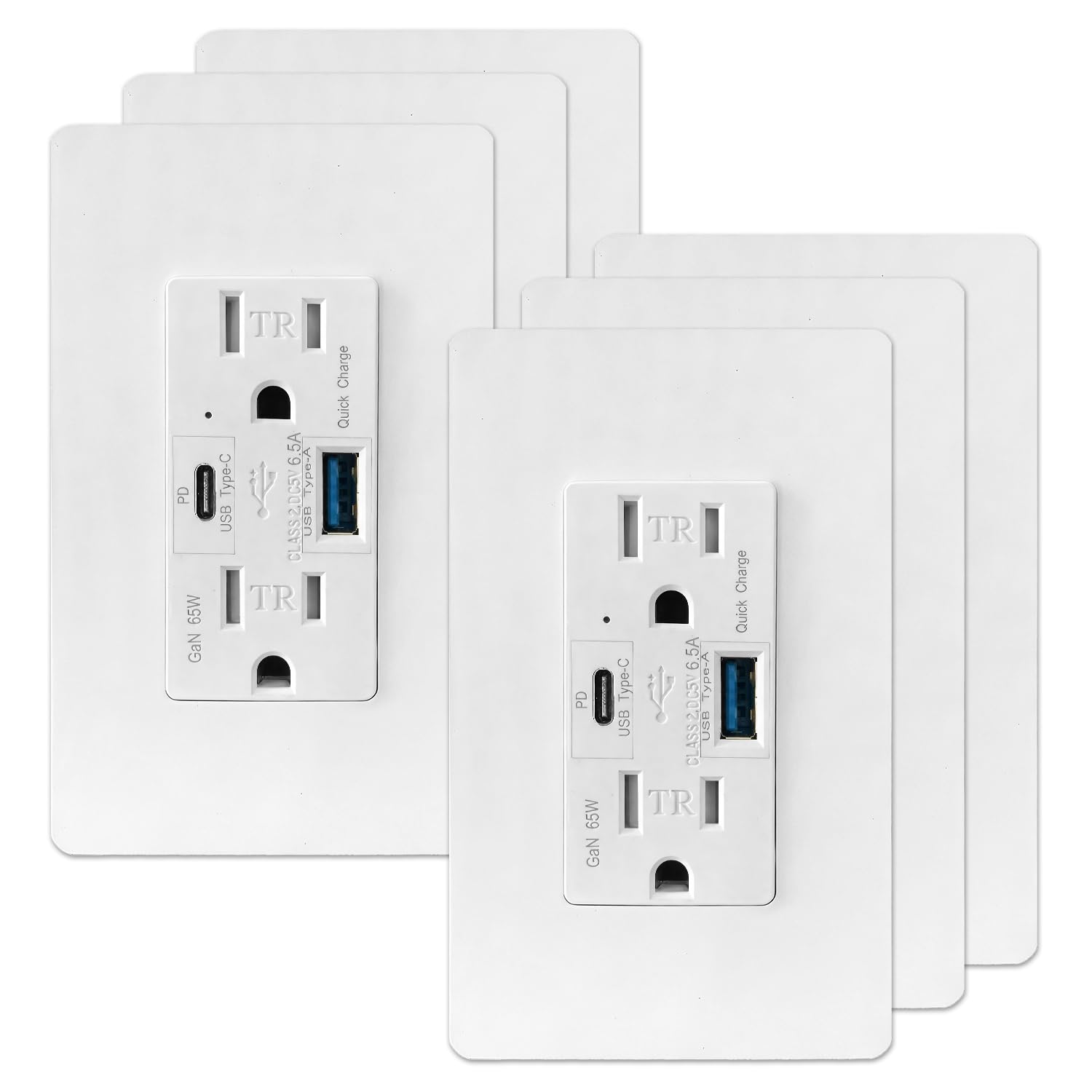 65W GaN USB C Wall Outlet, 15 Amp Tamper Resistant Receptacle with PD Fast Charging Type C & USB A Port, UL Listed Electrical Wall Outlet for Laptops, Smartphones, Tablets, Matte White (6)