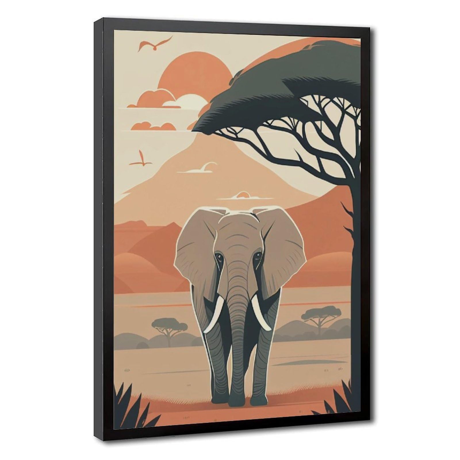 Bareronor Black Frame-Style African Elephant Sunset Canvas Poster For Bedroom Decor Gift