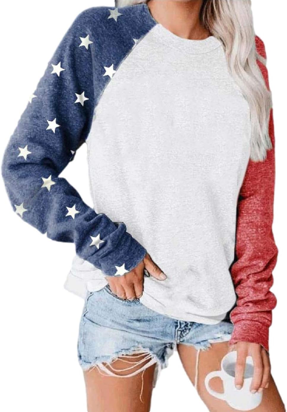 TSMNZMUStar Print Colorblock Shirt Womens Long Sleeve American Flag 4th of July Pullvoer Blouse Tops