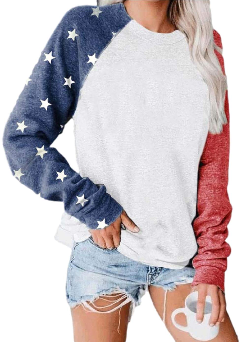 TSMNZMUStar Print Colorblock Shirt Womens Long Sleeve American Flag 4th of July Pullvoer Blouse Tops