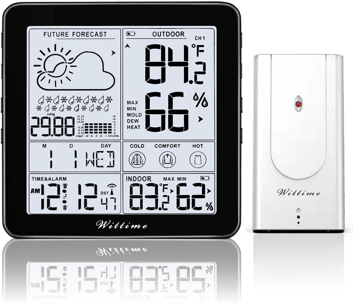 Wittime Weather Station Indoor Outdoor Thermometer Wireless Battery Powered, Atomic Clock with Indoor Outdoor Temperature Weather Clock, Dew Mold Heat Index 2180