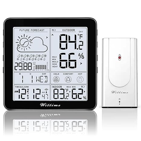 Wittime Weather Station Indoor Outdoor Thermometer Wireless Battery Powered, Atomic Clock with Indoor Outdoor Temperature Weather Clock, Dew Mold Heat Index 2180