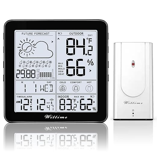 Wittime Weather Station Indoor Outdoor Thermometer Wireless Battery Powered, Atomic Clock with Indoor Outdoor Temperature Weather Clock, Dew Mold Heat Index 2180