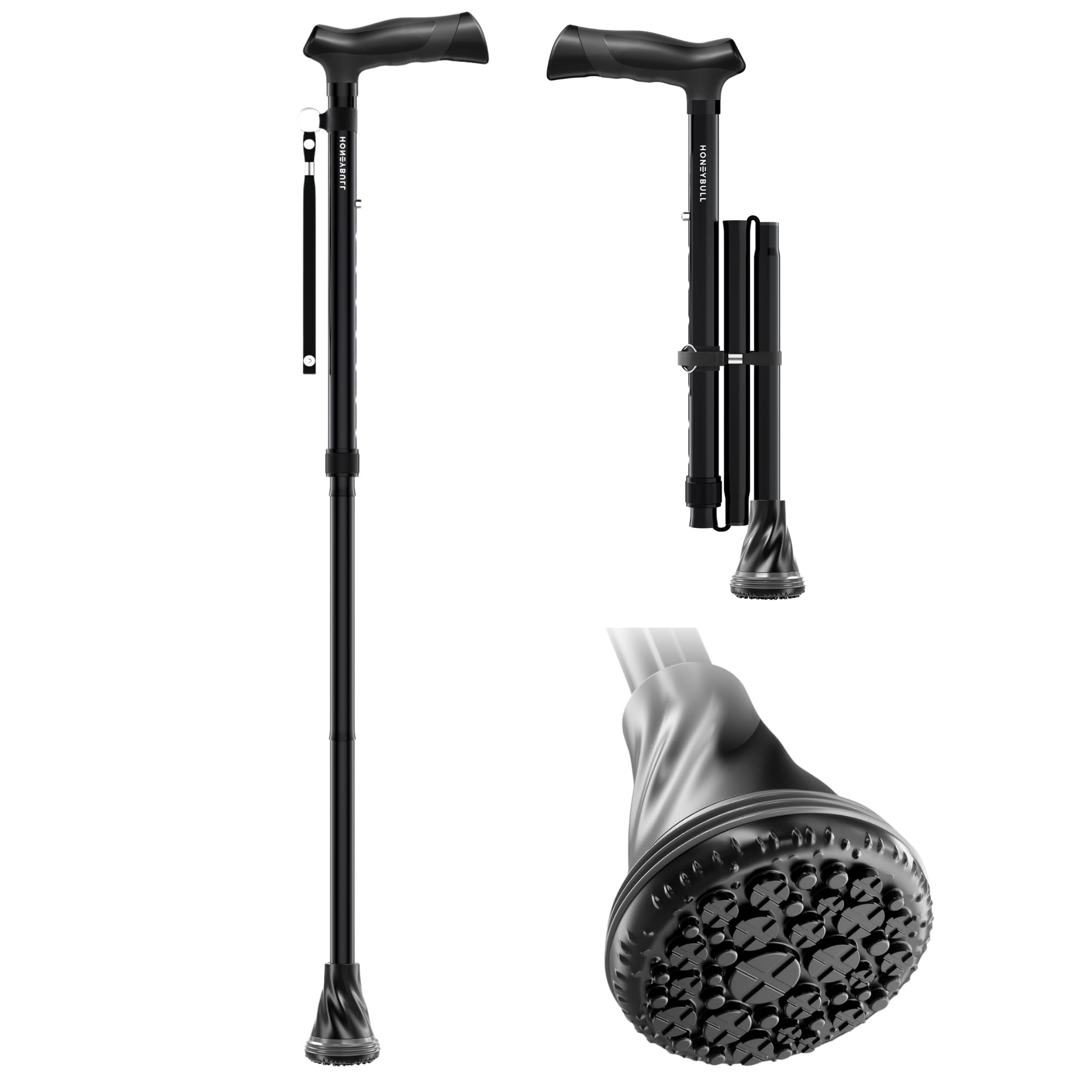 HONEYBULL Walking Cane for Men & Women – Foldable, Adjustable, Lightweight Cane with Air Cushion Tip for Stability & Ergonomic Grip, Heavy Duty Walking Sticks for Seniors