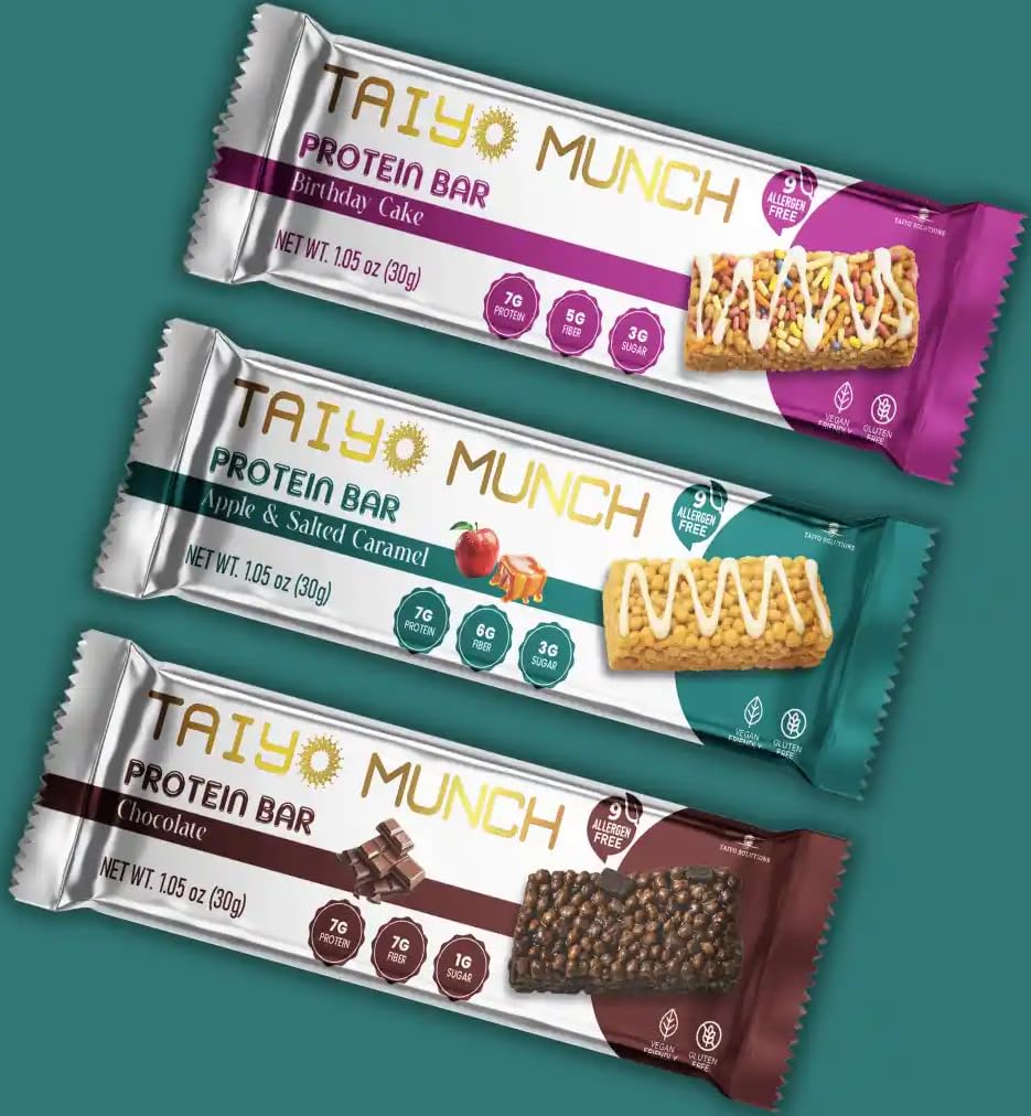 Taiyo Munch - Allergen-Free Protein Bar - Vegan, Gluten Free, High Protein, High Fiber, Low Sugar, Nut/Wheat/Soy/Dairy Free, Healthy Snacks for Kids or Adults, School Safe, Low Calorie Crispy Protein Bar - Variety Pack - 12ct