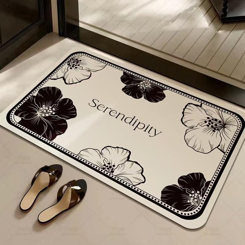 Mat de bain 40x60cm fleurs noires en diatomite super absorbante