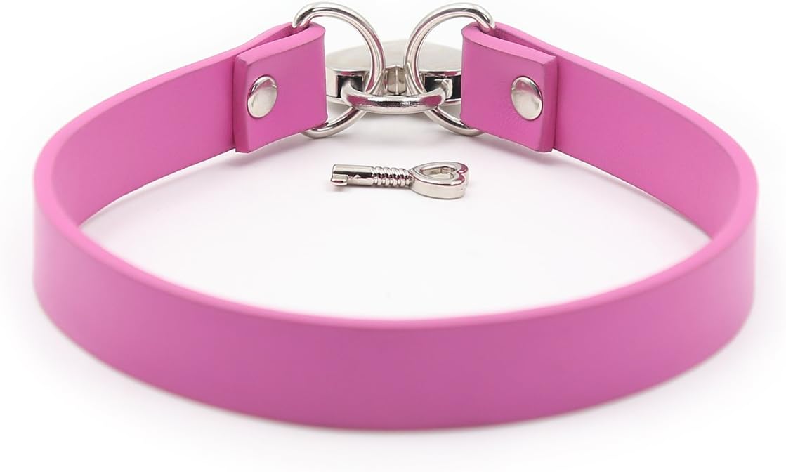 BDSM Multi-Color Leather Neck Cover with Heart-Shaped Lock Collar, Alternative Tuning for Women's Punk Jewelry (Rose-red)