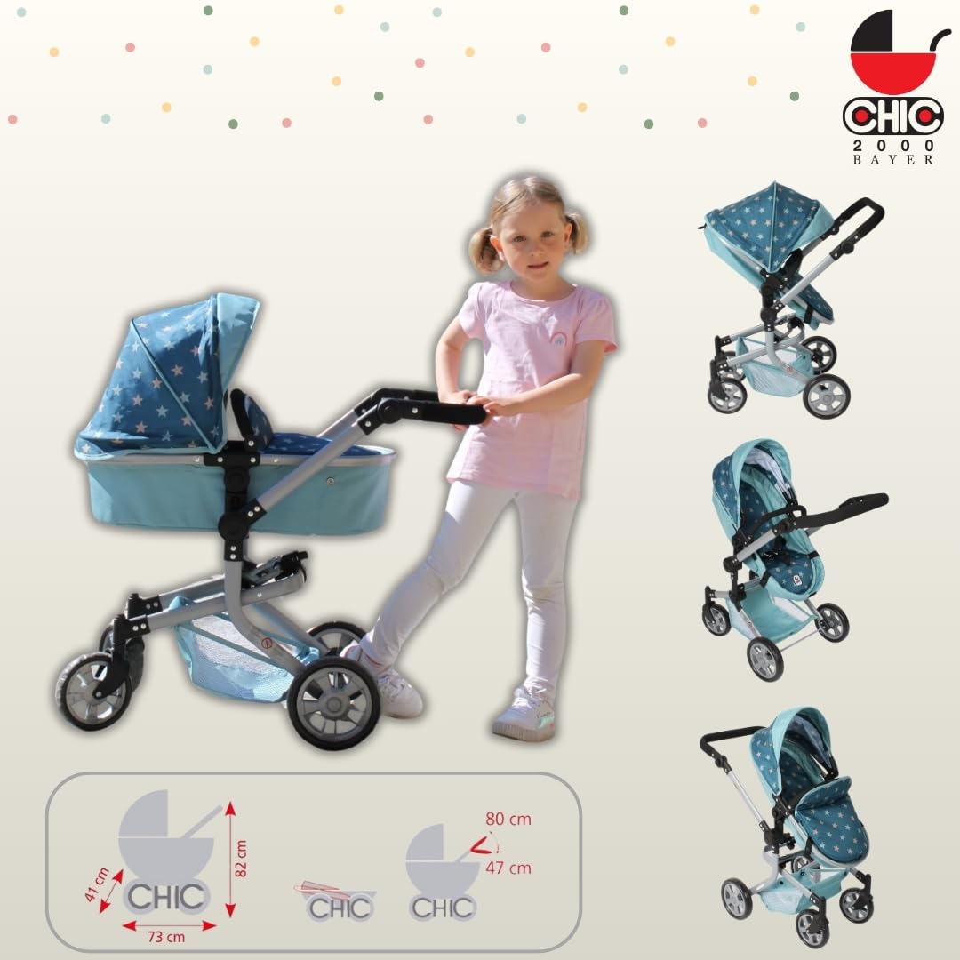 Bayer Chic 2000® Passeggino per bambole 2 in 1 Mika – stelle turchesi – pieghevole – manico regolabile in altezza 47 – 80 cm – struttura moderna – Bambole fino a 52 cm – 4 – 8 J, Flowers