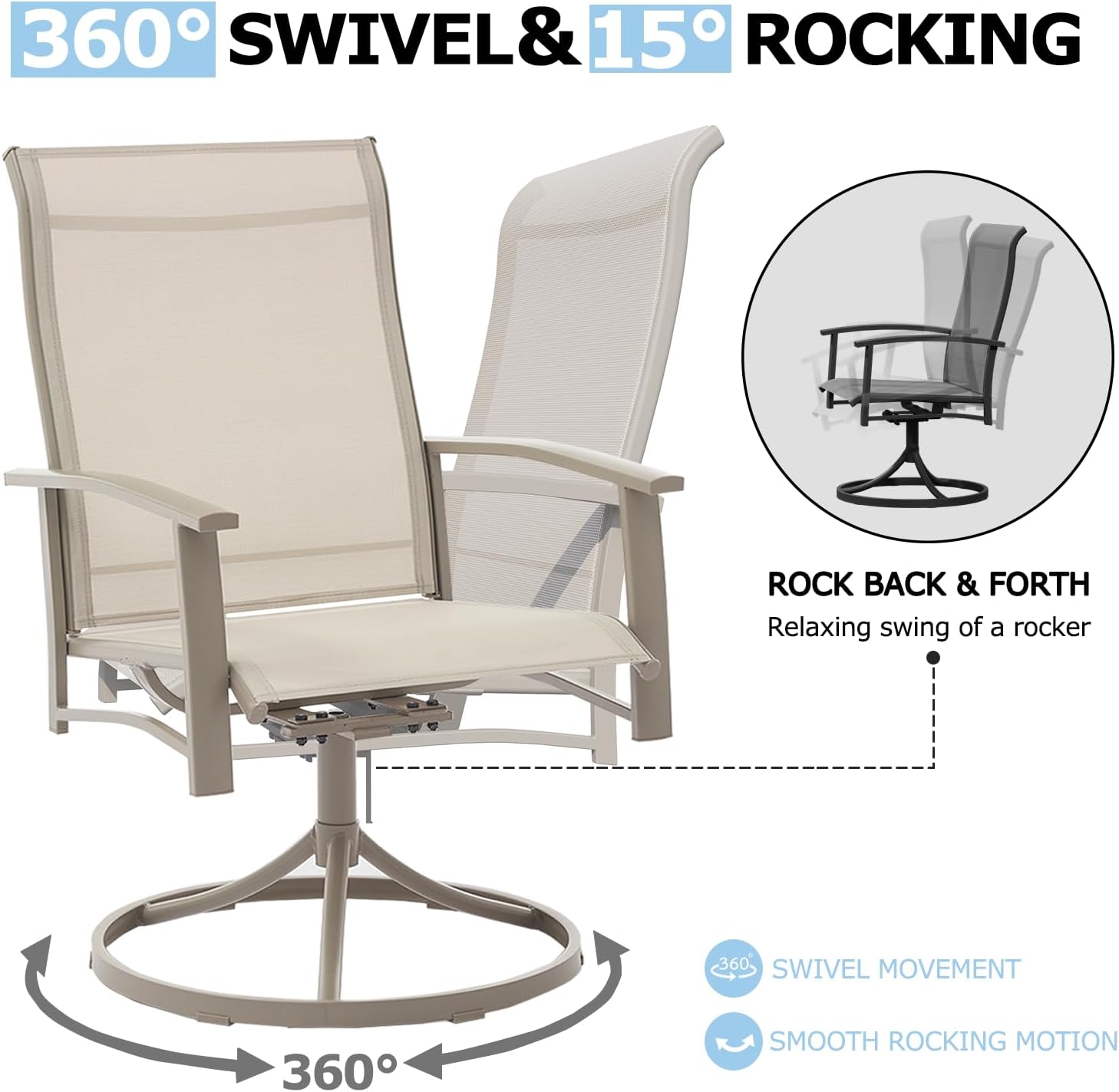 5 Piece Outdoor Dining Set, 42" Ivory Beige Round Outdoor Dining Table with 2 Ivory Beige Swivel Outdoor Dining Chairs and 2 Fixed Patio Table and Chair Set of 4 for Lawn, Garden, or Porch