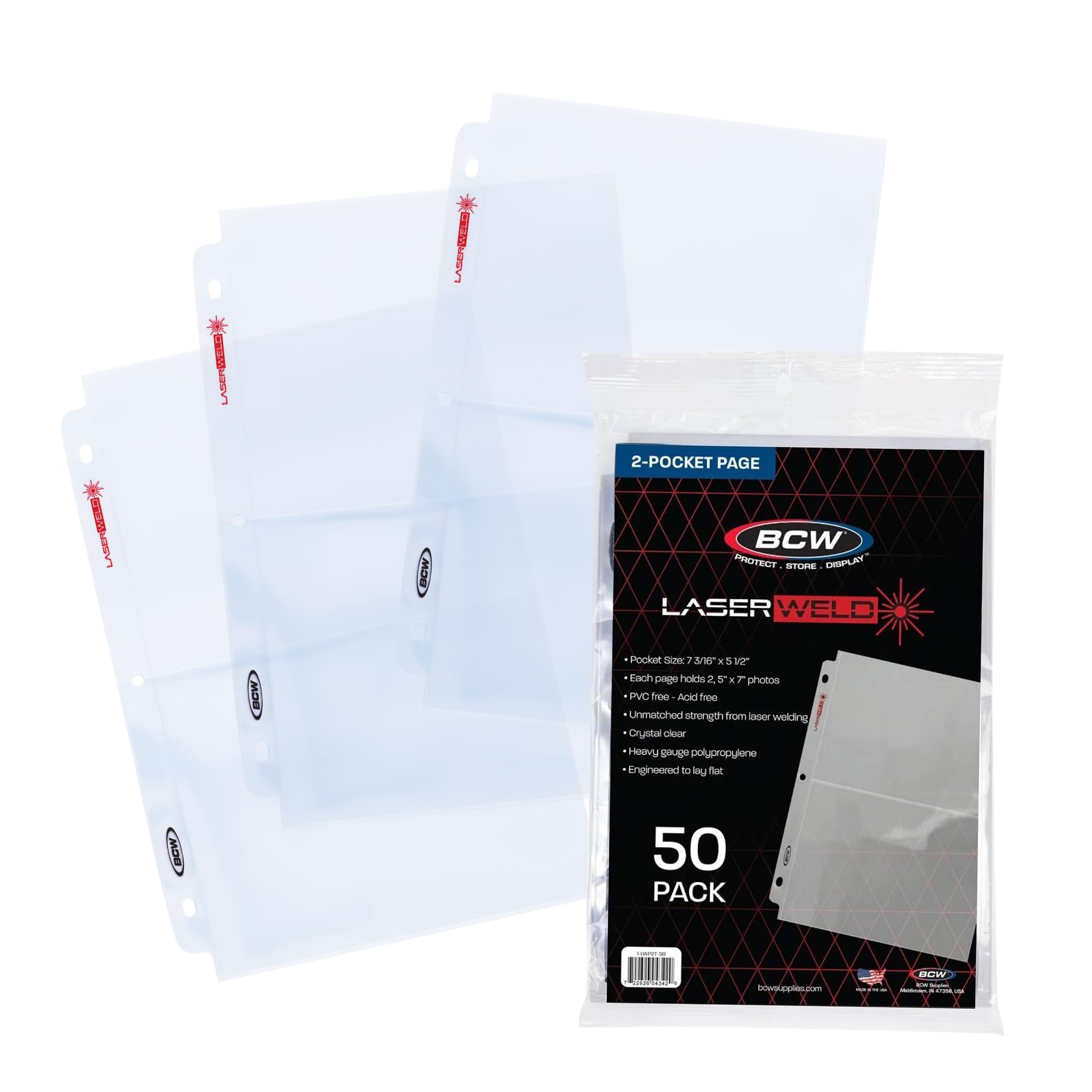 BCW LaserWeld 2-Pocket Photo Page - 50ct | Holds Two 5"x7" Photos or Cards | Acid-Free, Archival Polypropylene | Flat Design Laser-Welded Seams | Ideal for Photo Albums, Trading Cards, Postcards