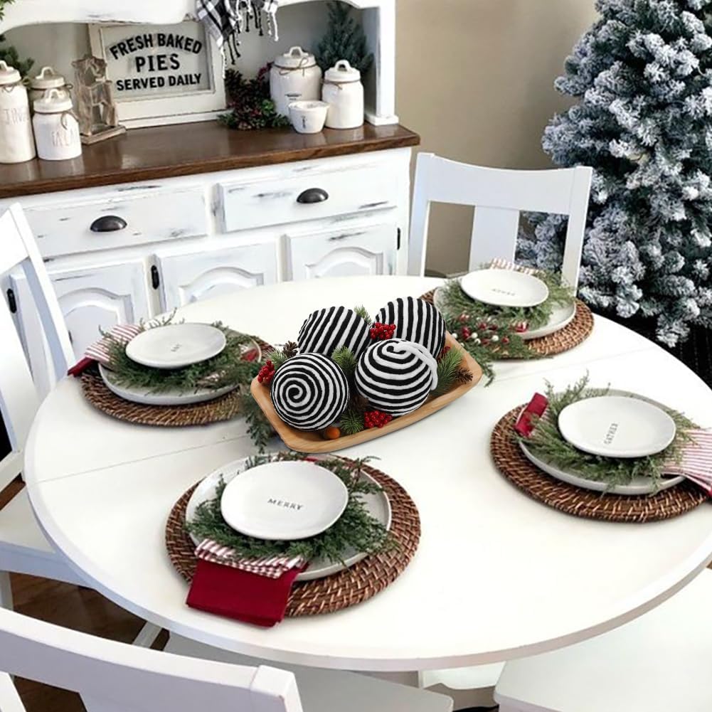 Briful 3.94'' Black and White Christmas Yarn Balls Ornament Set, 6PCS Large Decorative Xmas Tree Hanging Ornament with Strings for Christmas Halloween Bowl Vase Filler Tiered Tray Table Decor
