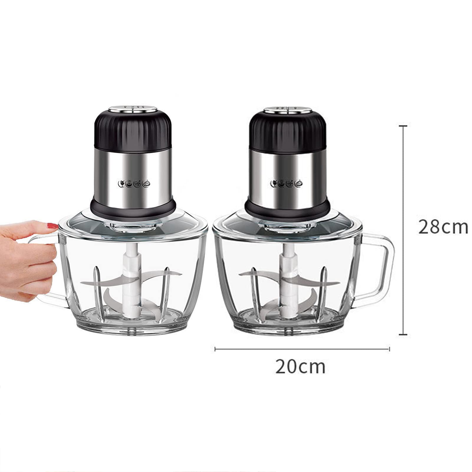 Hachoir hachoir électrique 2L, 800 W haute puissance, bol en verre avec poignée, robot culinaire à fonctionnement silencieux, machine de cuisson de cuisine pour viande, légumes, fruits, oignons e