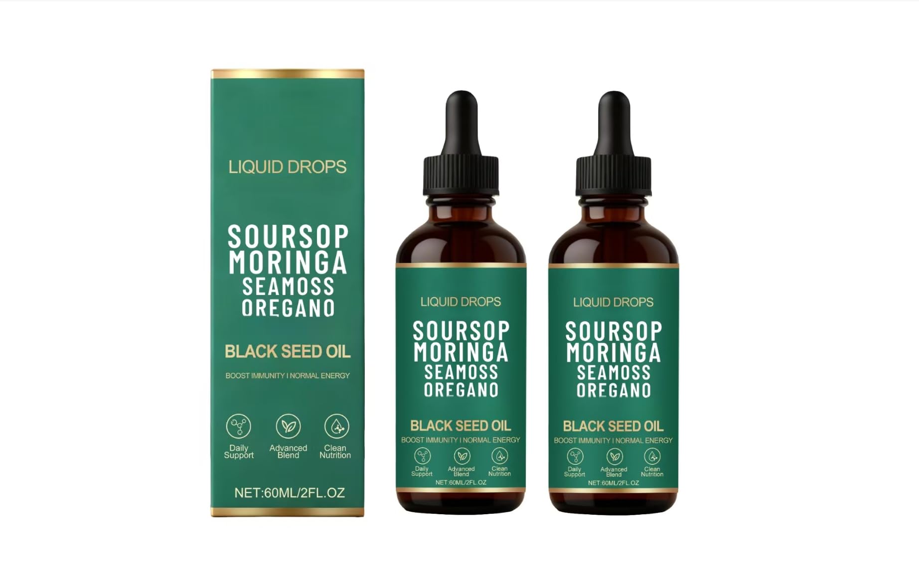 Guanábana líquida con musgo marino y aceite de semilla negra. Favorece el sistema inmunitario y aporta energía diaria. Vegana, sin OMG. 60 ml (2 onzas líquidas).,2PCS