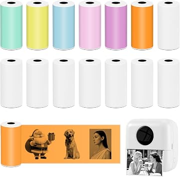 14 Rolls 57 * 25mm Thermal Printer Paper,Self-Adhesive Multicolor Printer Paper for Pocket Inkless Portable Photo,DIY,Note,Memo8 White+6 Color