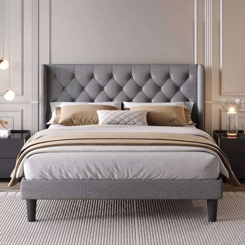 Image of Custom Decor Fabric Upholstered King Size Bed with Button Tufted Headboard for Bedroom || Solid Wood Bed | (Light Grey, King (U.K. Standard))