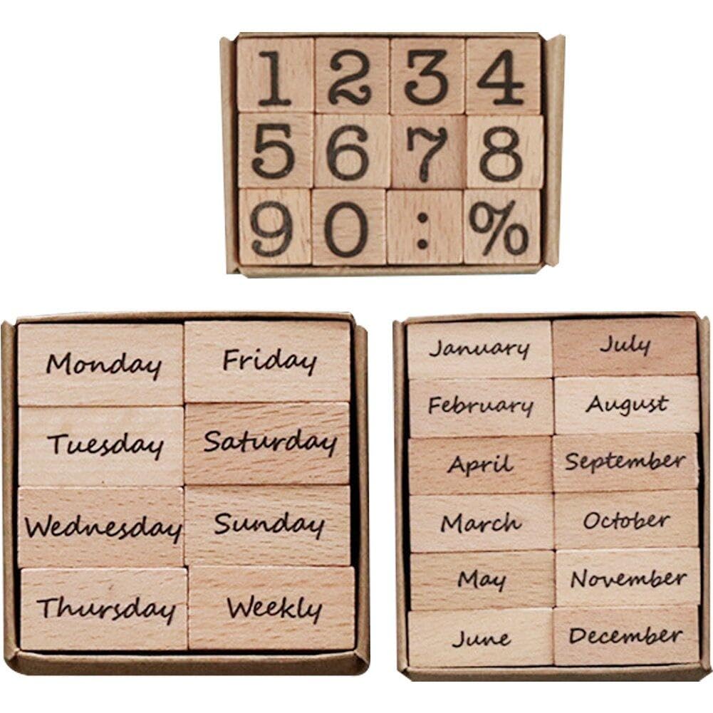 Fituenly As Shown Wooden Rubber Stamp Set Week Months Number Design Decorative Stamps Vintage Dairy Stamps For Diy Craft Scrapbooking