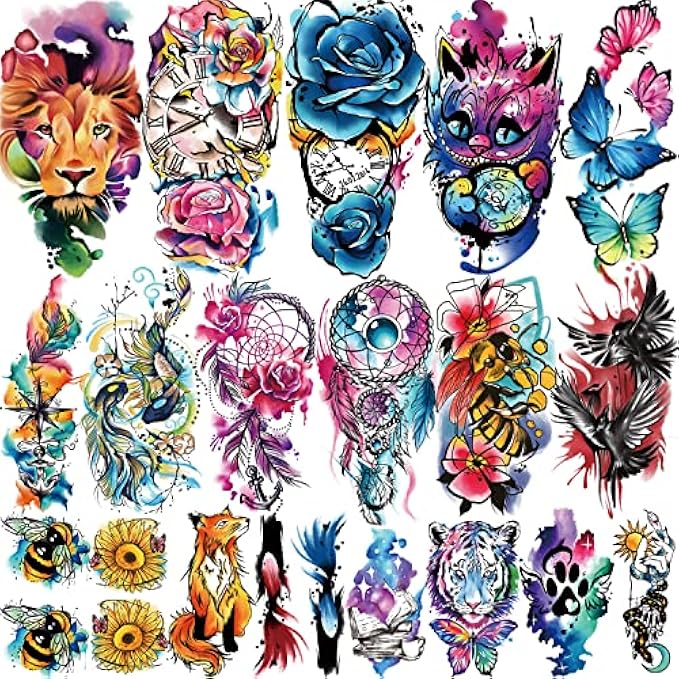 77 Sheets Temporary Tattoo, 17 Sheets Half Arm Flower Dream Catcher Cat Goldfish Fake Tattoos for Adults Shoulder Neck, 60 Sheets Tiny Waterproof Temporary Tattoos Realistic for Women Girls and Kids
