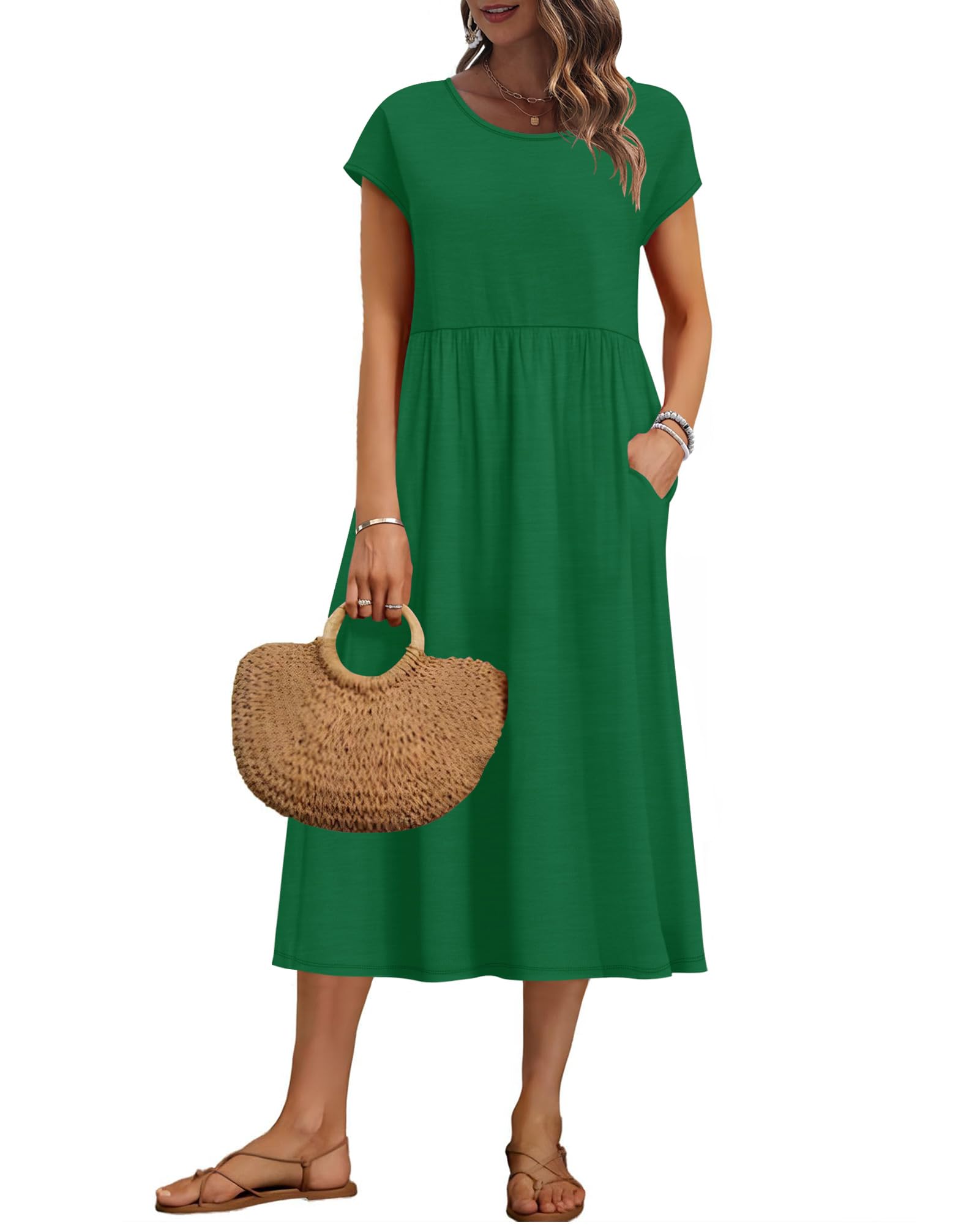 Auselily Women's Green Summer Short Sleeve Knee Length Dresses Basic Shift Midi Dress With Pockets, S