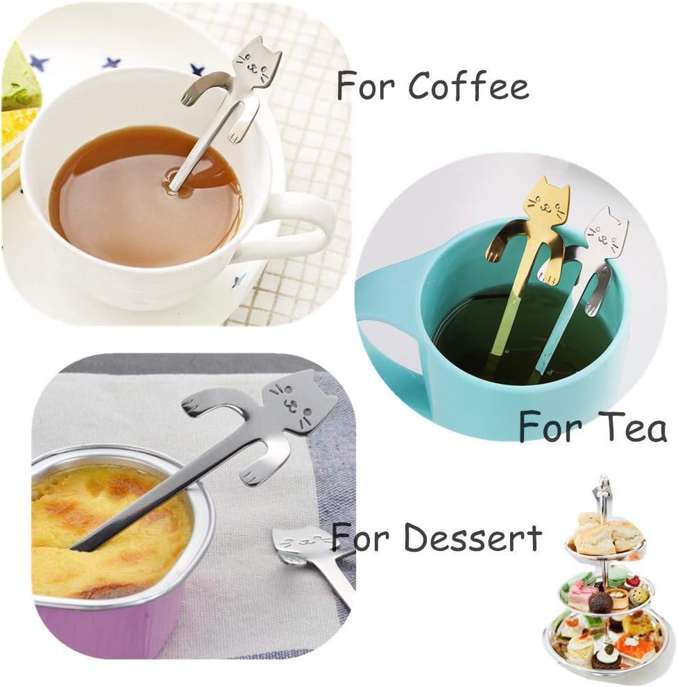 4pcs Dessert Spoons Set Cat Design Teaspoons Small Cute Stainless Steel Espresso Coffee Spoons for Tea Sugar Cake Ice Cream Tableware by RuiChy
