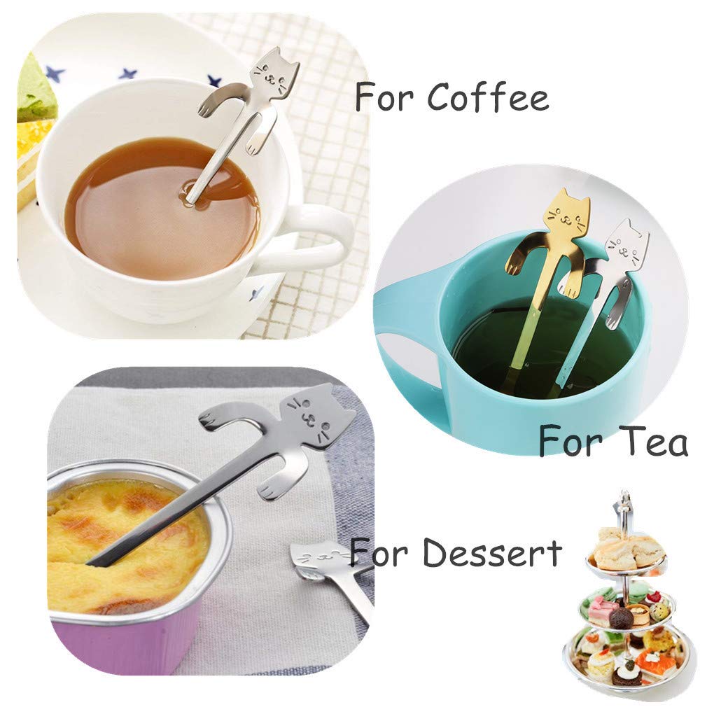 XPEX 6 Pièces Cuillère à Café De Tête De Chat Mignonne En Acier Inoxydable - Agitateur, Thé, Dessert Et Crème Glacée (Noir, Blanc