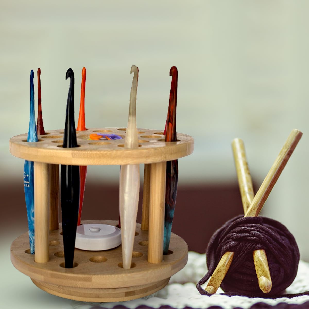Crafts by KFRod - Spinning Crochet Hook Organizer Stand, Holder Compatible with Susan Bates, Boye, Tulip Etimo, Clover Amour, Lykke and Most Other Brands (Wood, 2cm Holes)